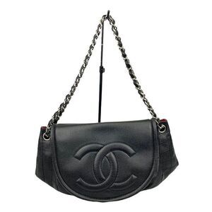 Chanel Half Moon Chain Shoulder Bag Black Silver Hardware Caviar Skin